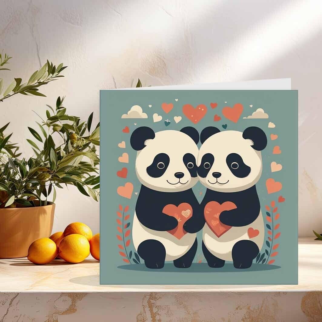 Pandas Anniversary Card Cute Panda Couple Valentines Love 145 x 145mm