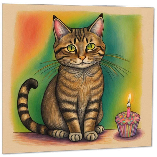 Cute Cat Birthday Card - Cat Illustration Greeting Card 145mm x 145mm