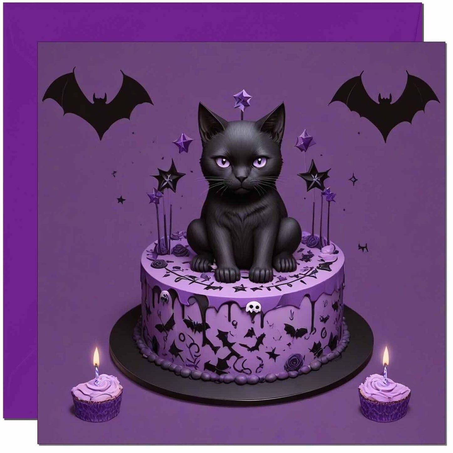 Black Cat Purple Gothic Birthday Card Bats 145 x 145mm