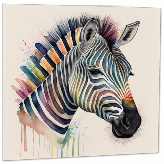 Zebra Head Greeting Card - Watercolour Zebra Card 145mm x 145mm Square