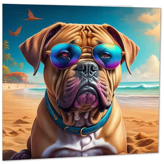 Dogue de Bordeaux Greeting Card - Cute funny dog sunglasses 145mm x 145mm