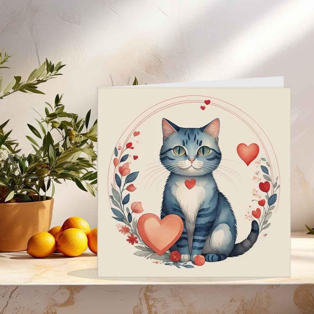 Cat Hearts Anniversary Card - Cat Valentines Day Card 145mm x 145mm