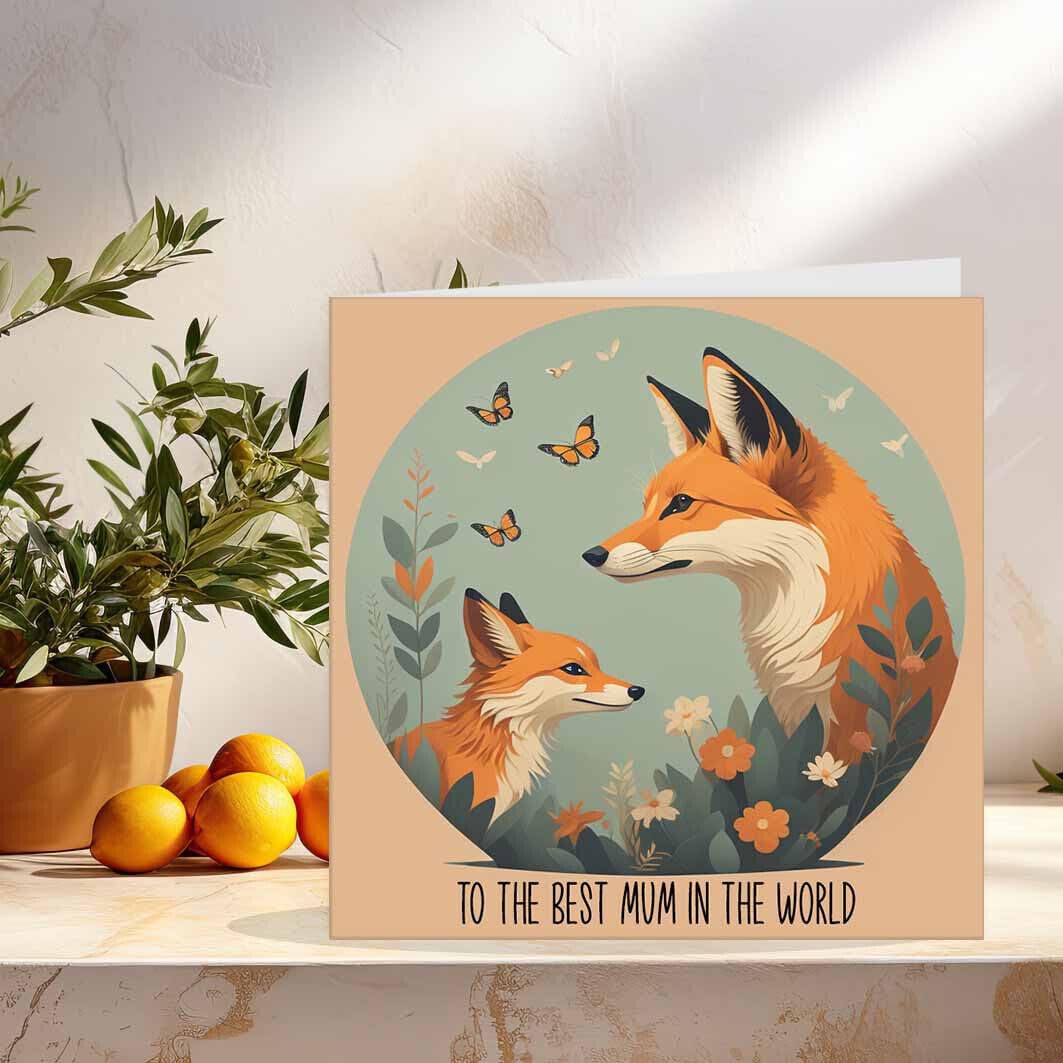 Best Mum in the World Card - Cute Fox Mum Birthday Mothers Day Cards 145 x 145mm