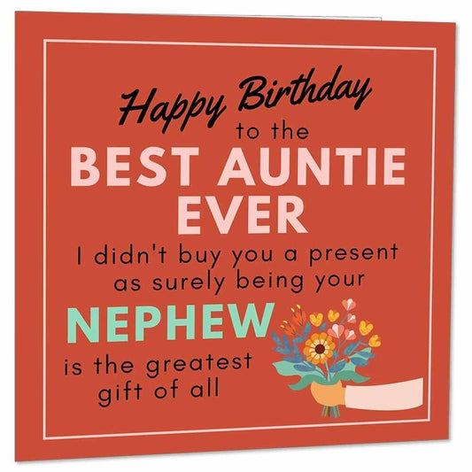 Birthday Card for Aunt from Nephew - Auntie Aunty birthday cards - 145 x 145mm