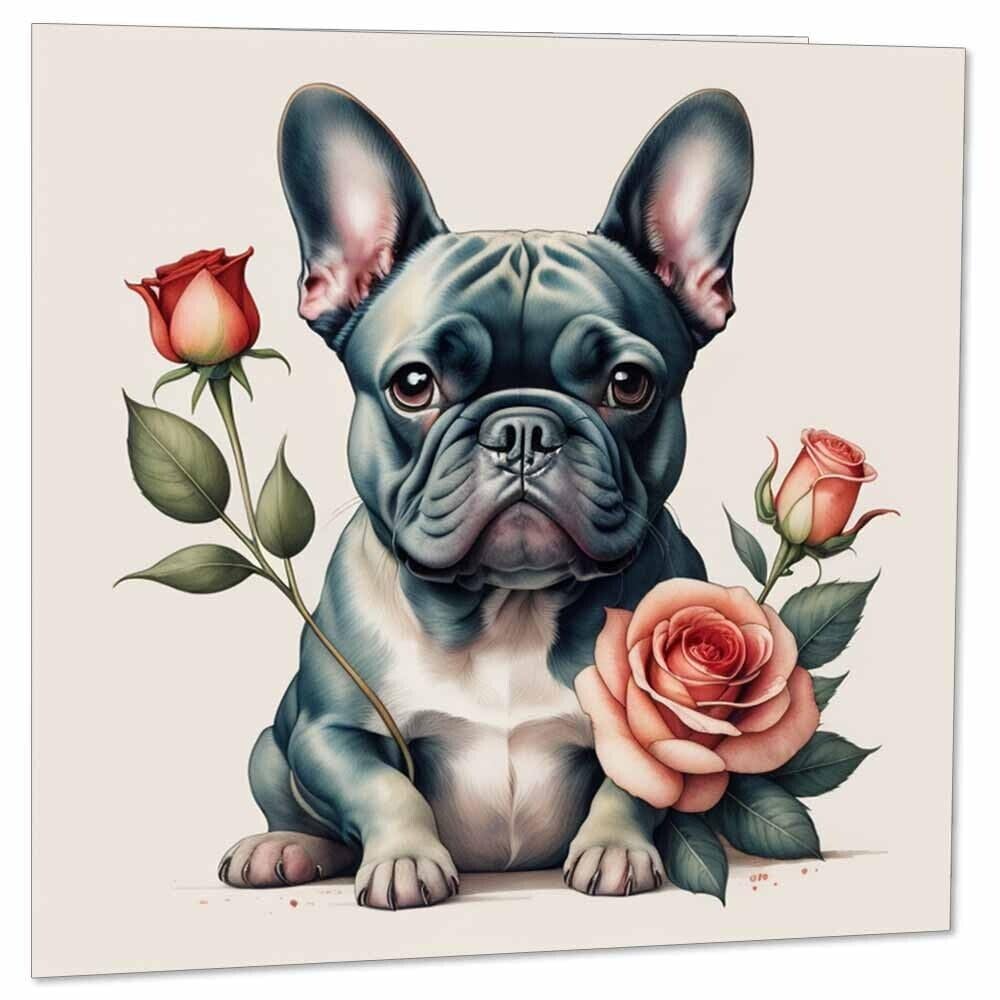 French Bulldog Roses Card - Anniversary Birthday Valentines Card 145mm x 145mm