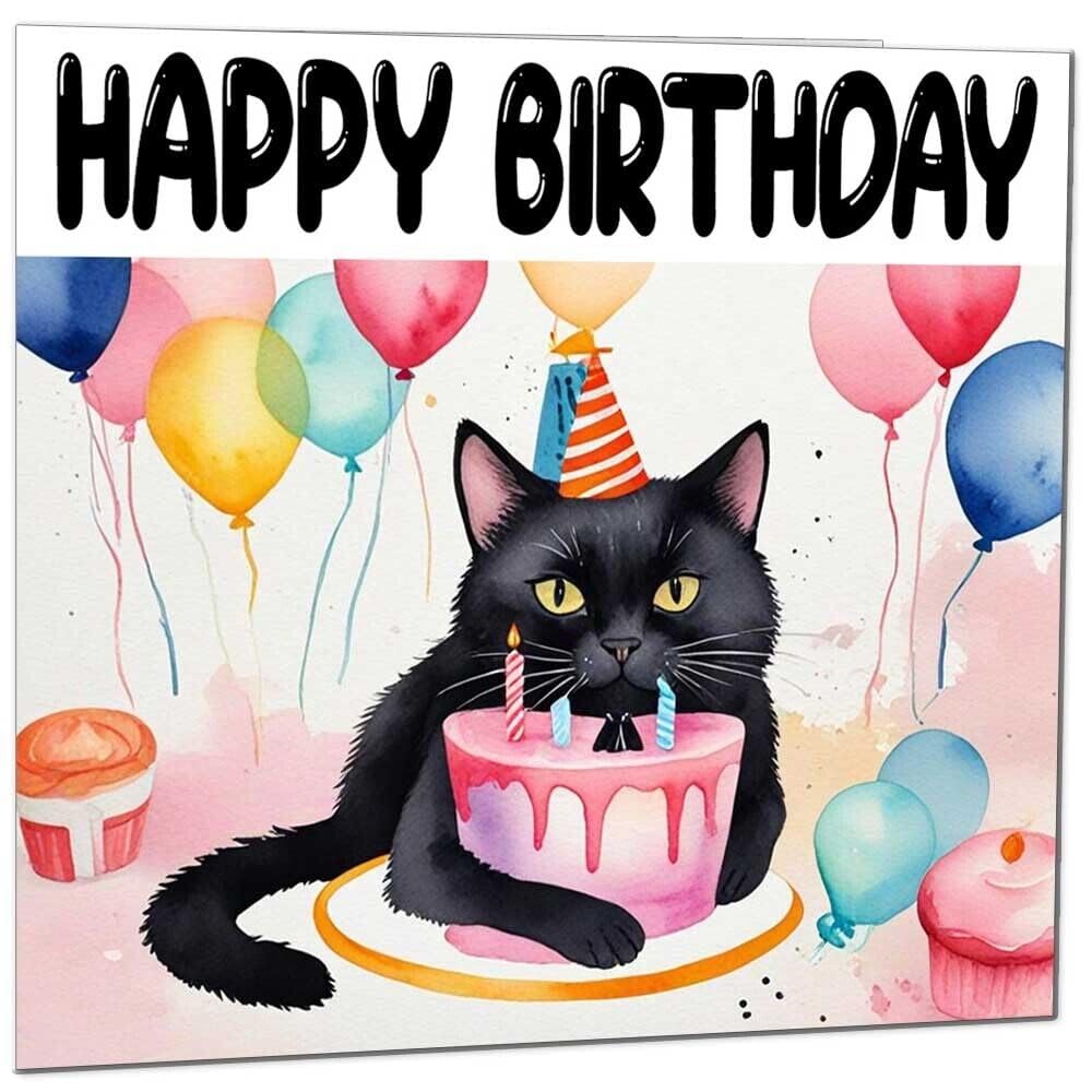 Black Cat Birthday Card - Fun Cat Bday Card - 145 x 145mm