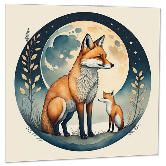 Fox & Cub Greeting Card Moon Foxes Drawing 145 x 145mm
