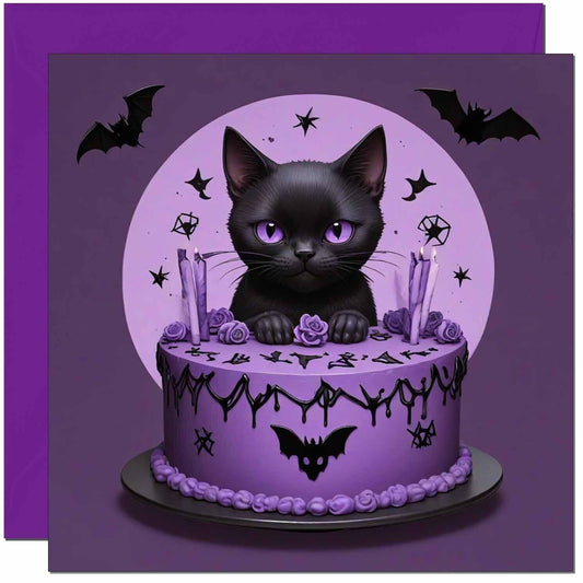 Purple Black Cat Gothic Birthday Card Bats Cake Alternative Goth 145 x 145mm