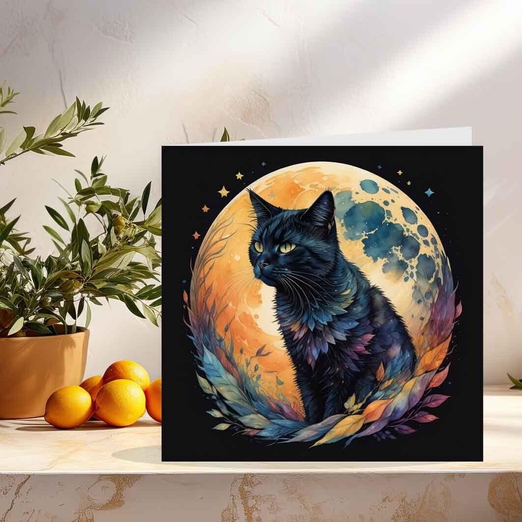Watercolour Cat Greeting Card - Moon 145 x 145mm