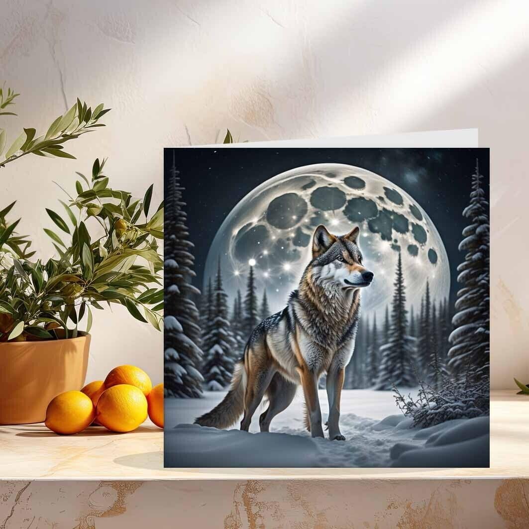 Wolf Moon Greeting Card Snowy Forest Woods 145 x 145mm