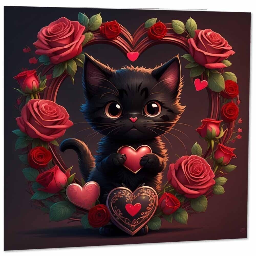 Cute Black Cat Valentines Day Card 145mm x 145mm