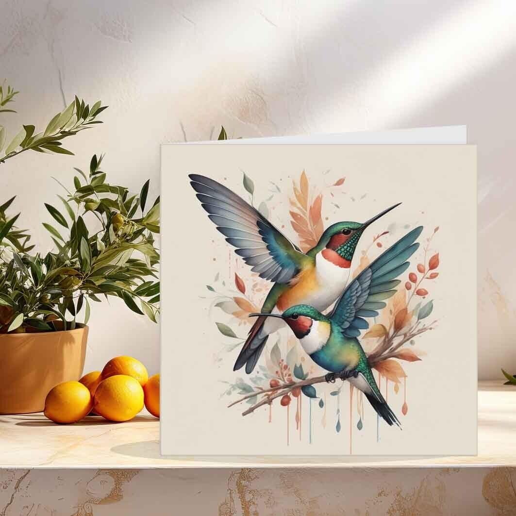 Hummingbirds Watercolour Greeting Card 145 x 145mm