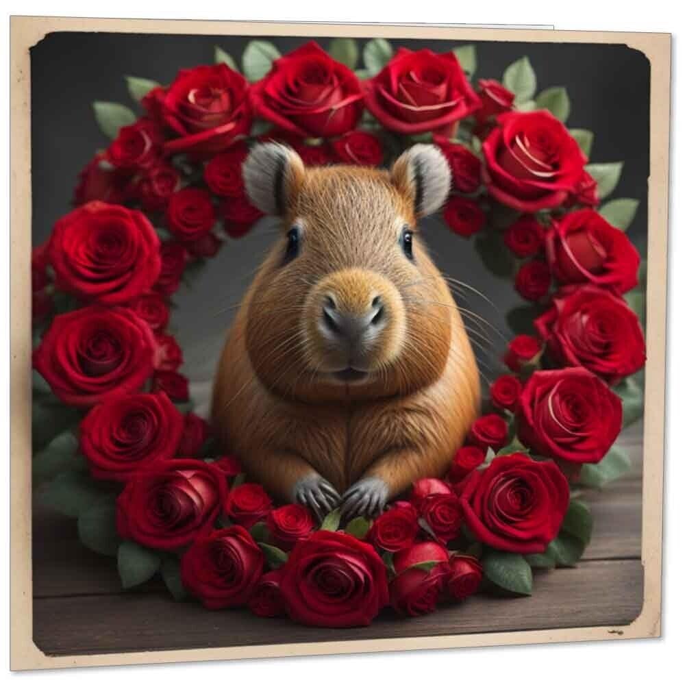 Valentines Day Capybara Card - Love Anniversary Roses 145mm x 145mm