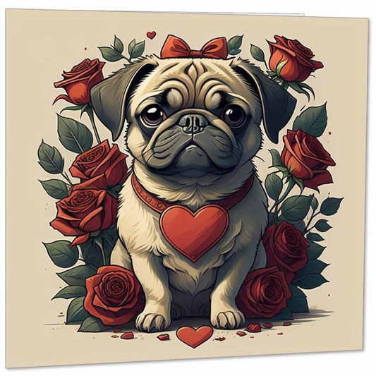 Pug Love Heart Valentines Card Pug Dog Card Girlfriend Boyfriend 145mm x 145mm