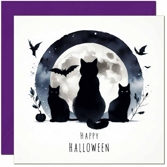 Halloween Card - Black Cat Bats Moon Happy Halloween Card 145 x 145mm