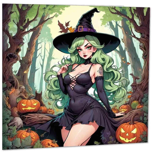 Anime Witch Greeting Card - Forest Woodland Cute Anime Girl Pinup 145mm x 145mm