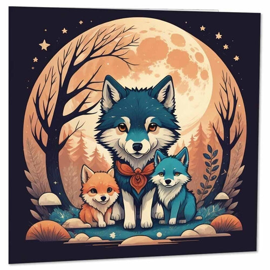 Cute Wolf Moon Cubs Greeting Card 145 x 145mm