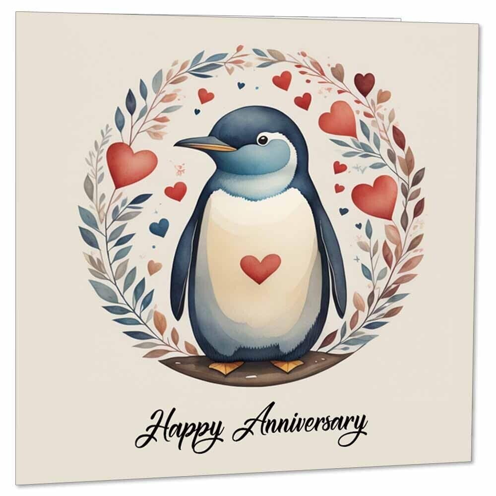 Penguin Anniversary Card - Happy Anniversary - For Husband Wife 145mm x 145mm