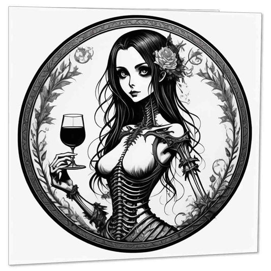 Gothic Lady Greeting Card - Skull Girl Wine Goth Birthday Card 145 x 145mm