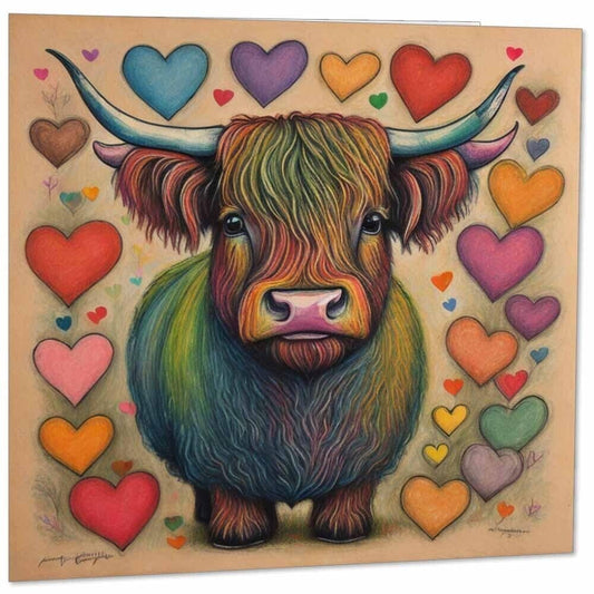 Highland Cow Drawing Greeting Card - Highland Cow Love Hearts 145mm x 145mm
