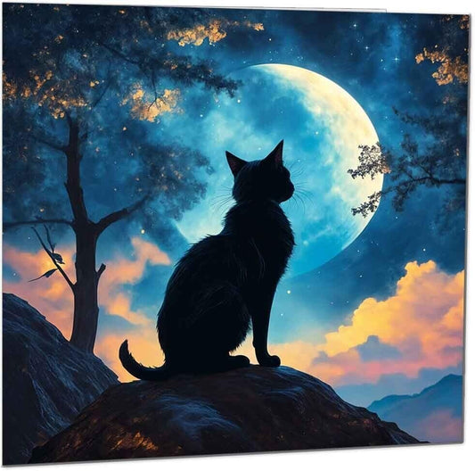 Black Cat Greeting Card - Moon Silhouette Night Sky Cat 145 x 145mm