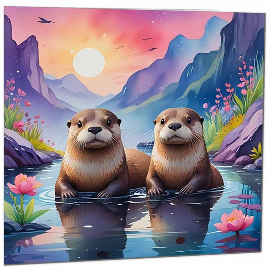 Otters Greeting Card - Any Occasion - Beautiful Otter Illustration Painting Art