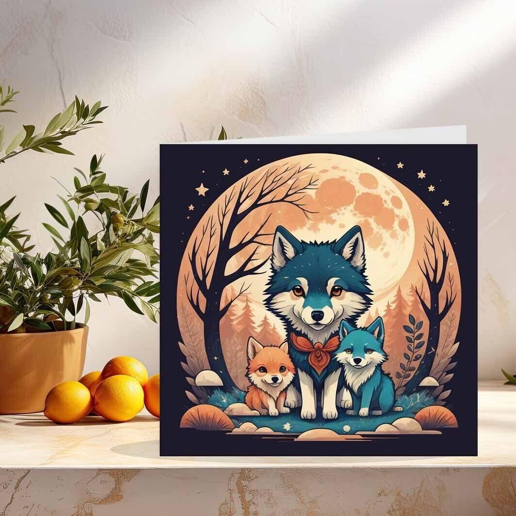 Cute Wolf Moon Cubs Greeting Card 145 x 145mm