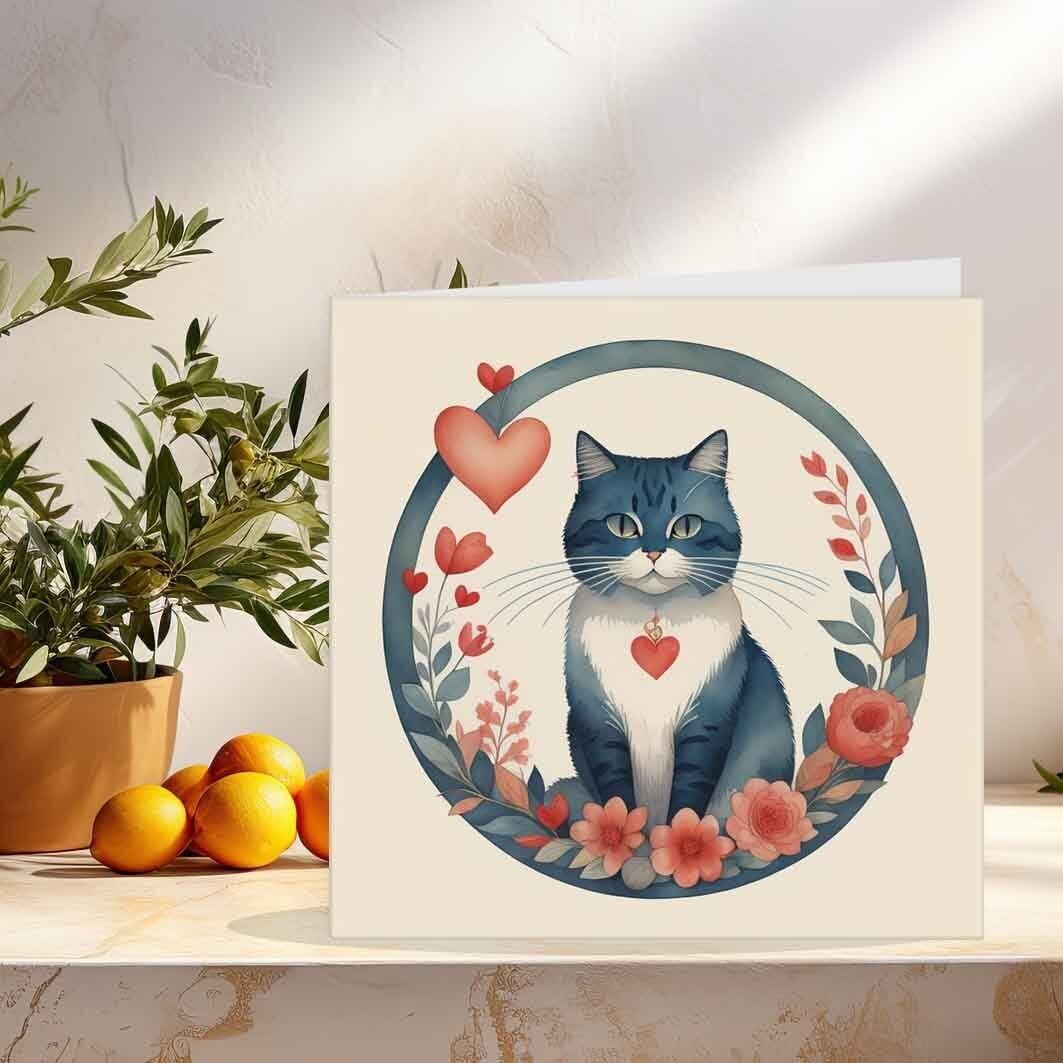 Cat Valentines Day Card Cat Hearts Floral Card Anniversary 145mm x 145mm