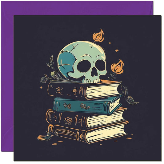 Skull Books Greeting Card - Gothic Birthday Card Halloween Card - 145 x 145mm