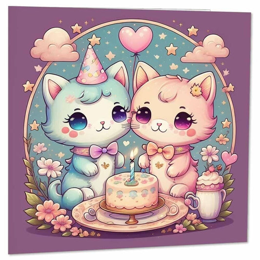 Kids Kitty Cat Birthday Card for Children Kawaii Birthday Cards 145 x 145mm