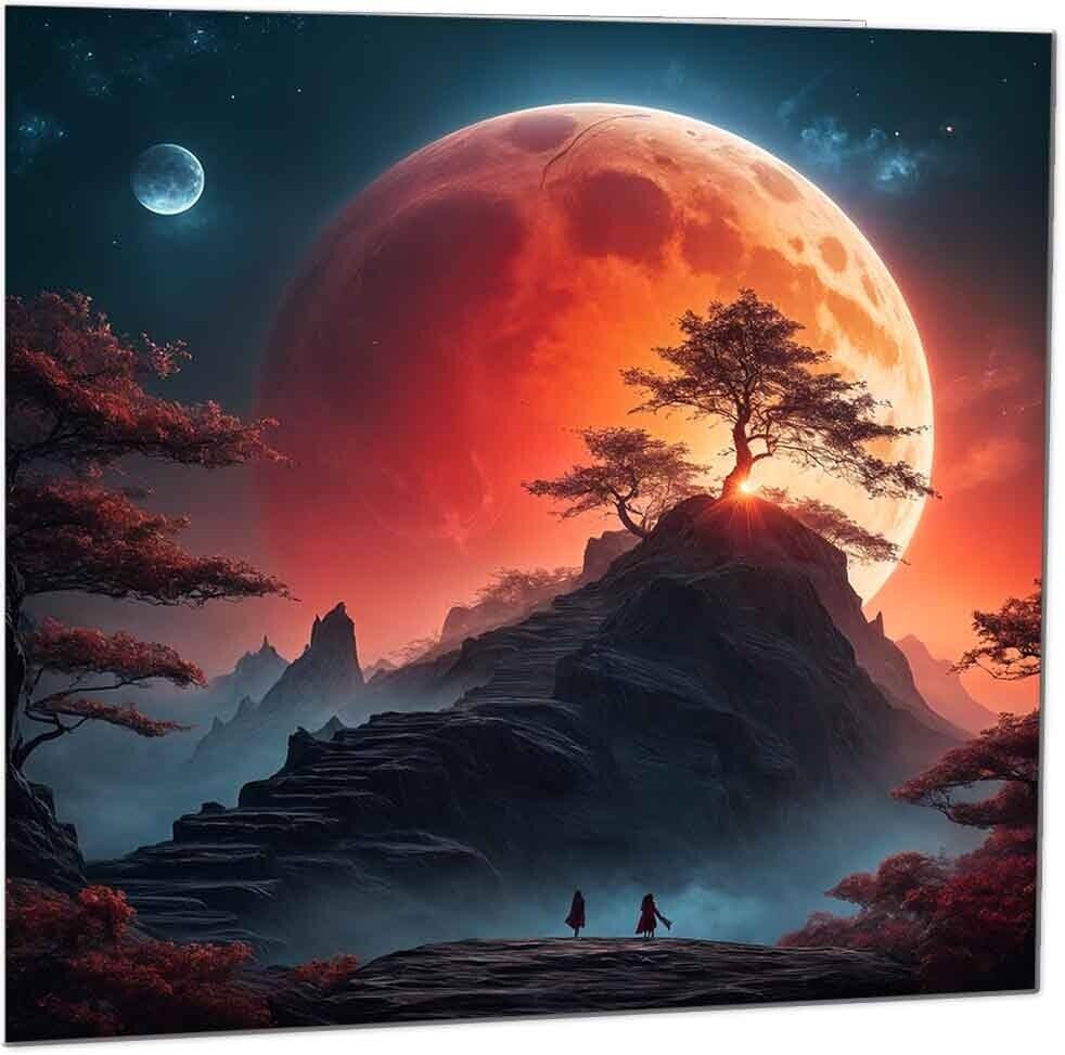 Red Moon Night Sky Greeting Card - Stunning Landscape Birthday Card 145 x 145mm