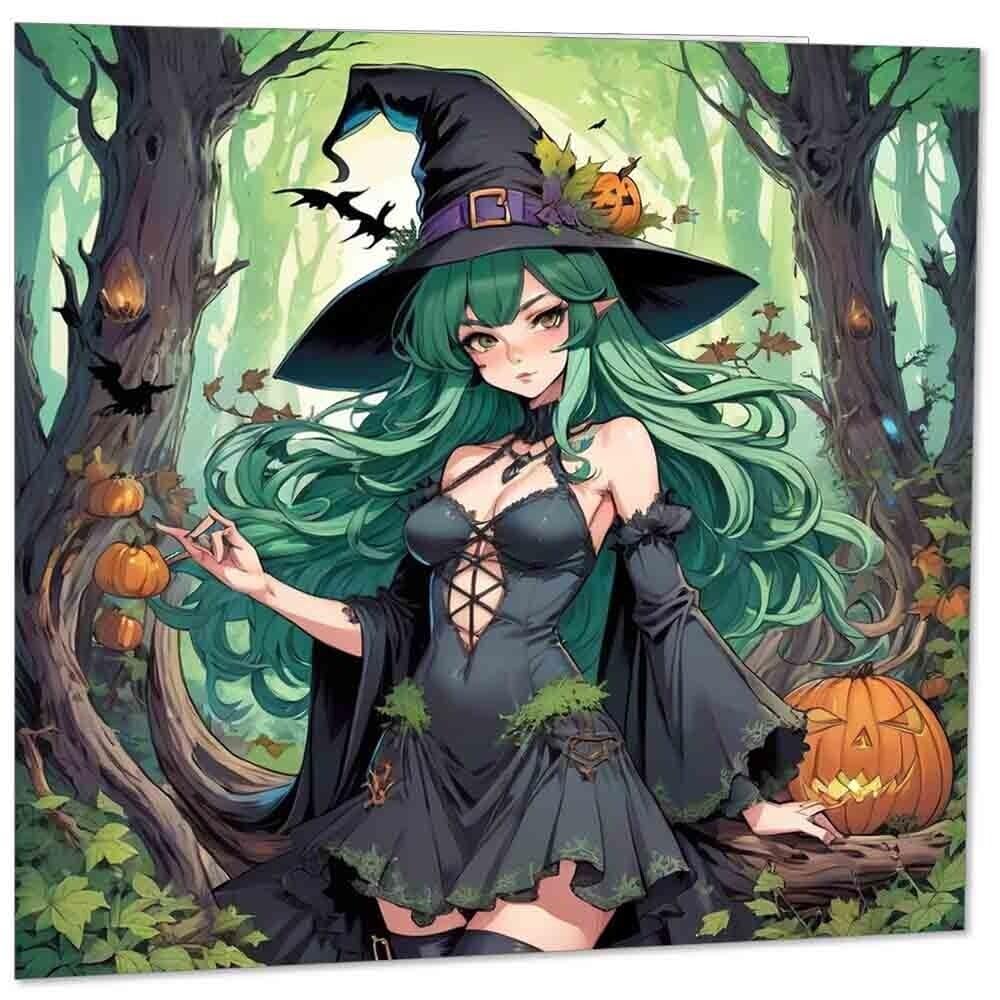 Anime Witch Birthday Card - Cute Woodland Witch Greeting Card 145mm x 145mm