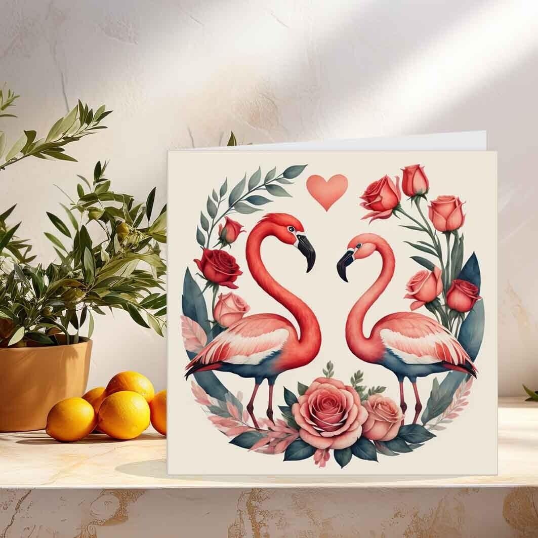 Flamingo Anniversary Card - Flamingos Valentines Day Card 145mm x 145mm