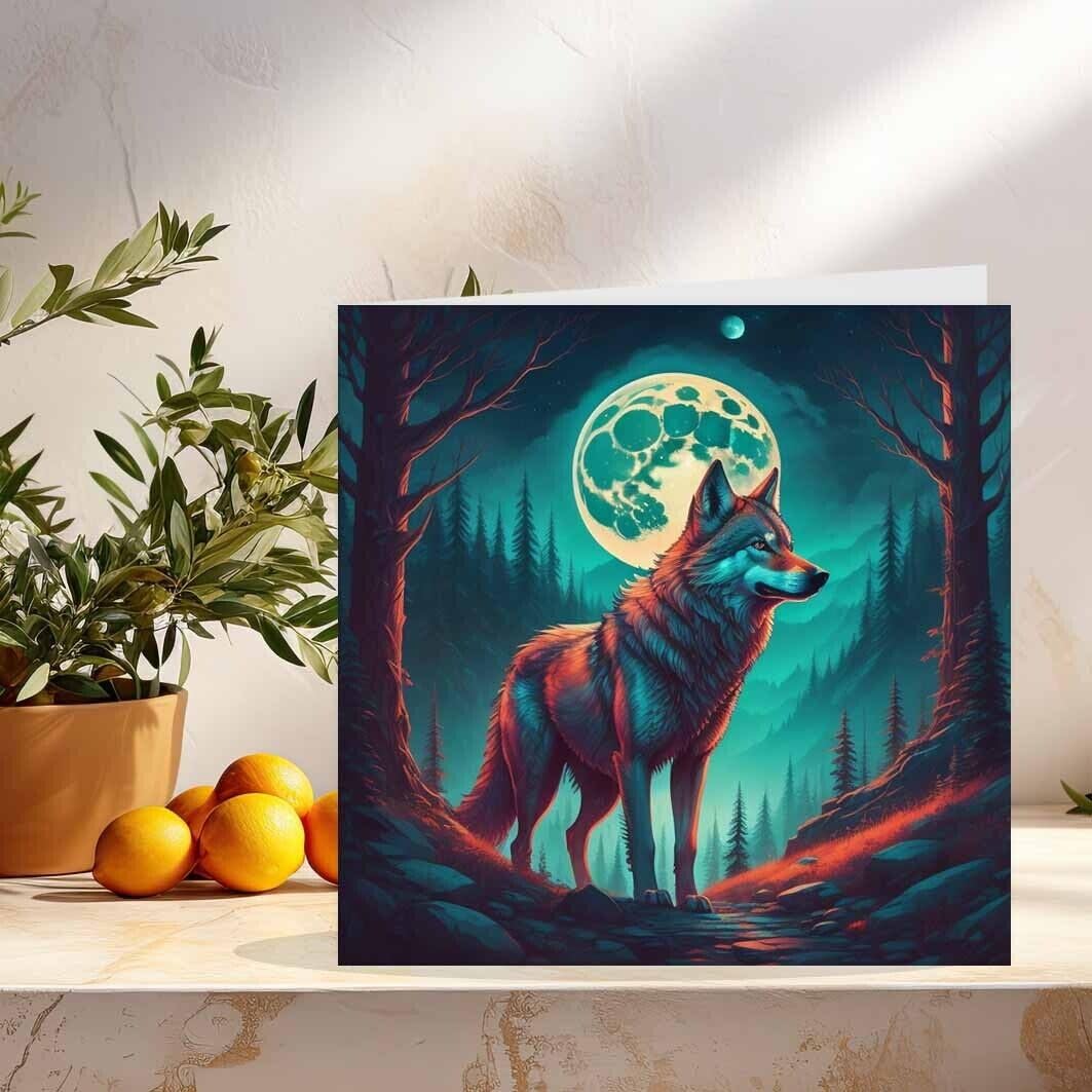 Wolf Moon Greeting Card Wolf Birthday Card 145 x 145mm