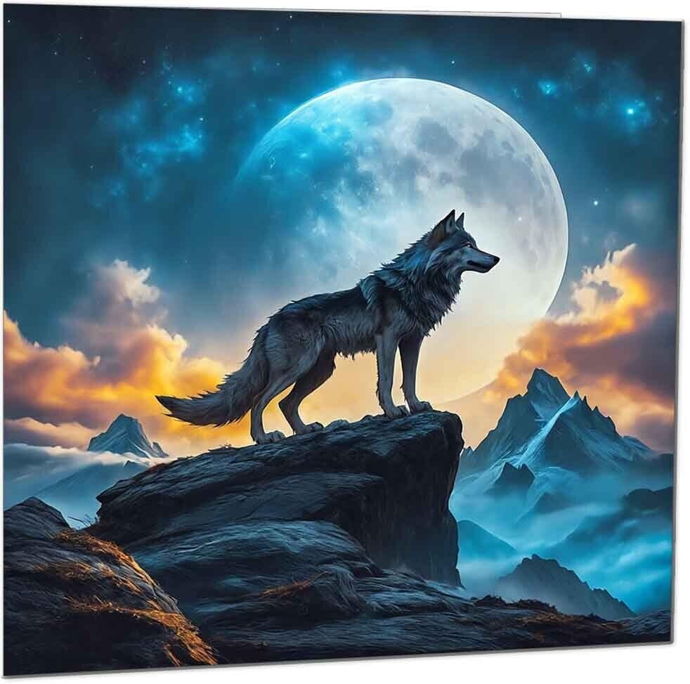 Wolf Moon Birthday Card - Beautiful landscape Wolf Silhouette 145 x 145mm