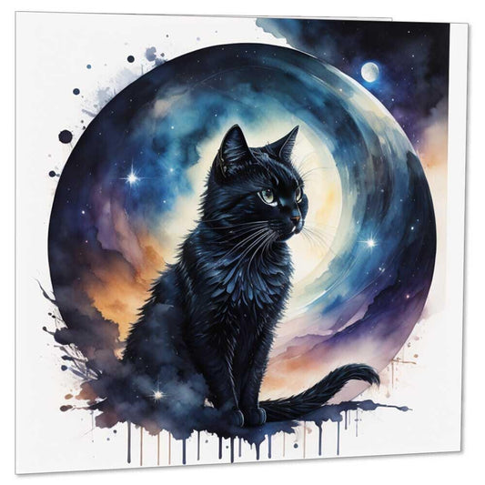 Watercolour Cat Galaxy Greeting Card - Moon Space Birthday Cards 145 x 145mm