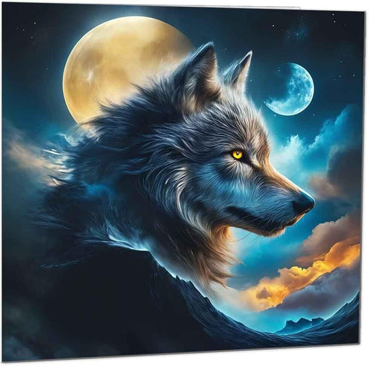 Wolf Greeting Card - Wolf Head Moon Birthday Card Beautiful Artistic 145 x 145mm