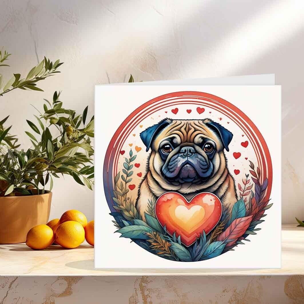 Pug Anniversary Card Cute Love Pug Valentines Day Cards 145mm x 145mm