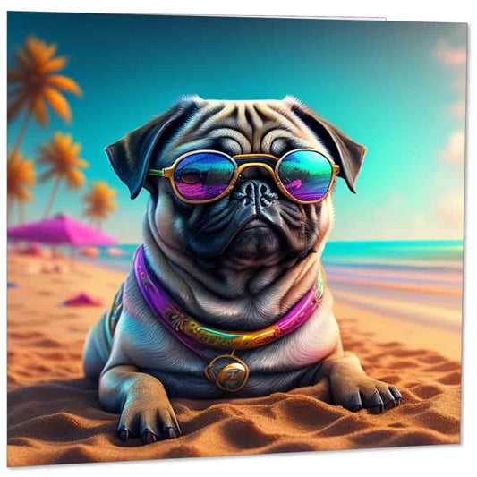 Pug in Sunglasses Greeting Card - Pug Dog 145mm x 145mm