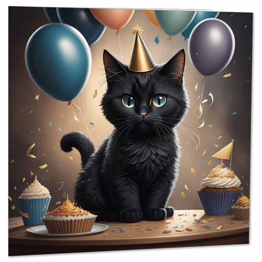 Black Cat Birthday Card Cute kitty 145 x 145mm