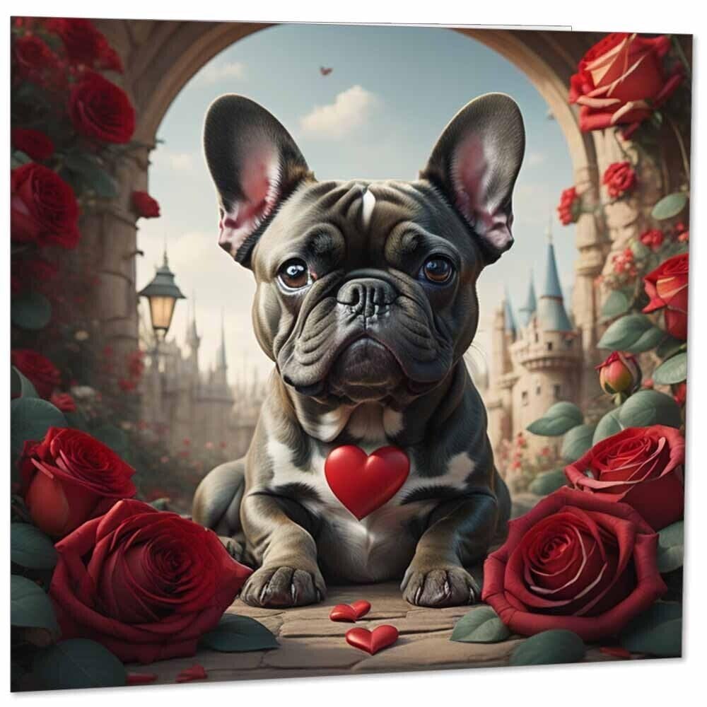 Valentines Day French Bulldog Card Cute Pug Dog Romantic Anniversary Card 145mm x 145mm