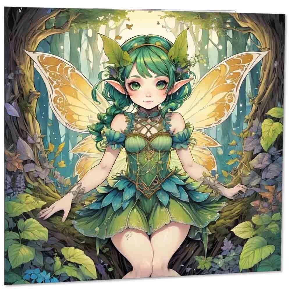 Cute Anime Woodland Fairy Greeting Card 145mm x 145mm