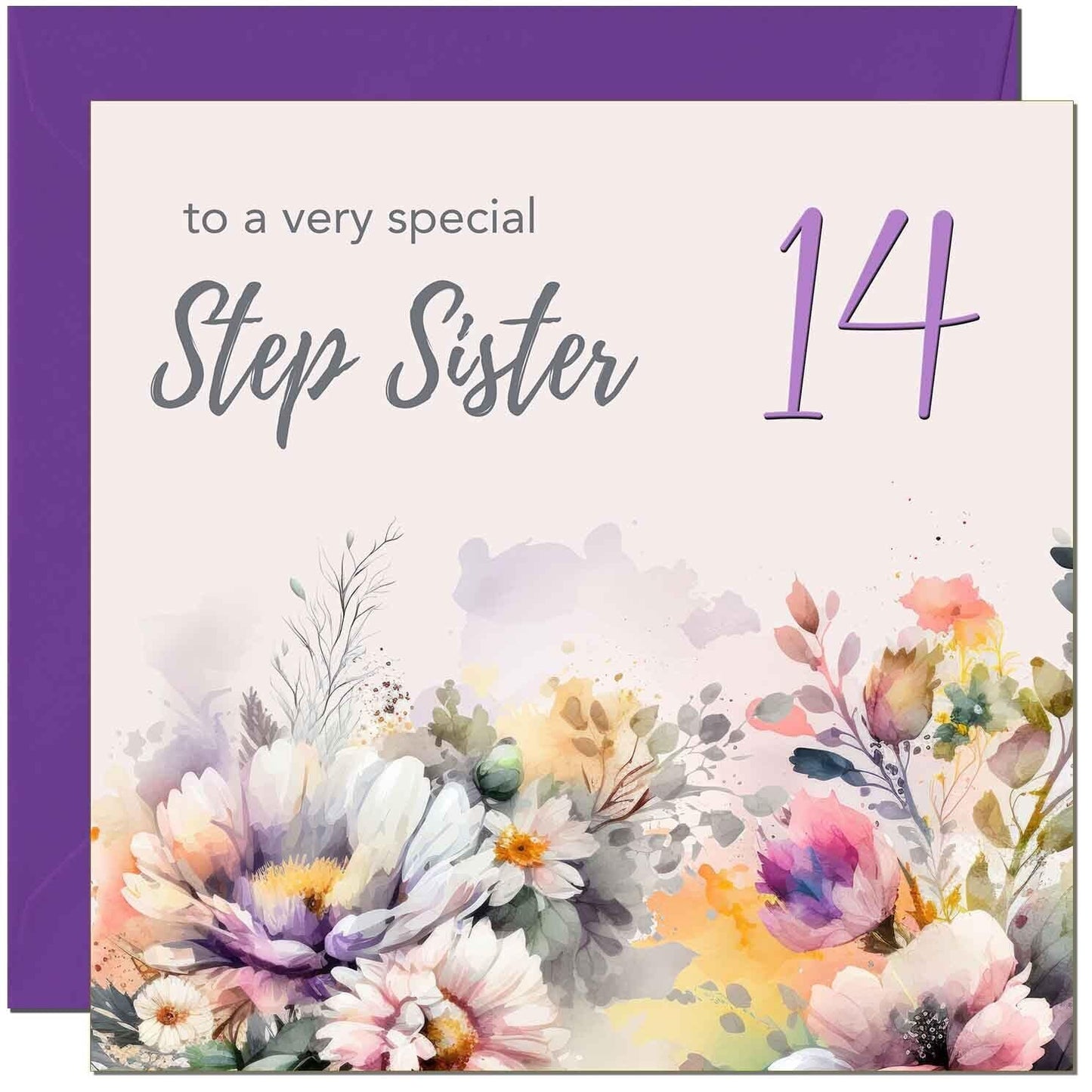 Step Sister Birthday Card - Purple Floral Step Sisters