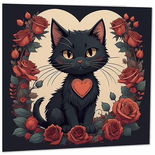 Black Cat Valentines Day Card Rose Love Anniversary Cat 145mm x 145mm