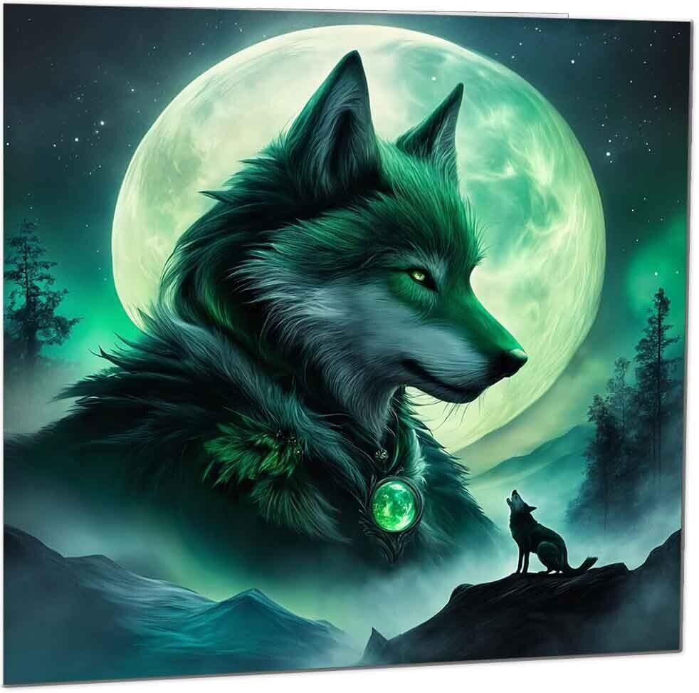 Wolf Green Moon Fantasy Greeting Card 145 x 145mm