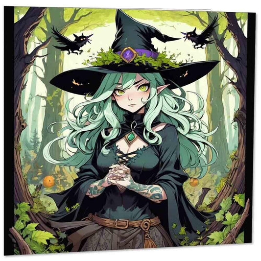 Anime Witch Greeting Card - Forest Woodland Anime Girl bday card 145mm x 145mm