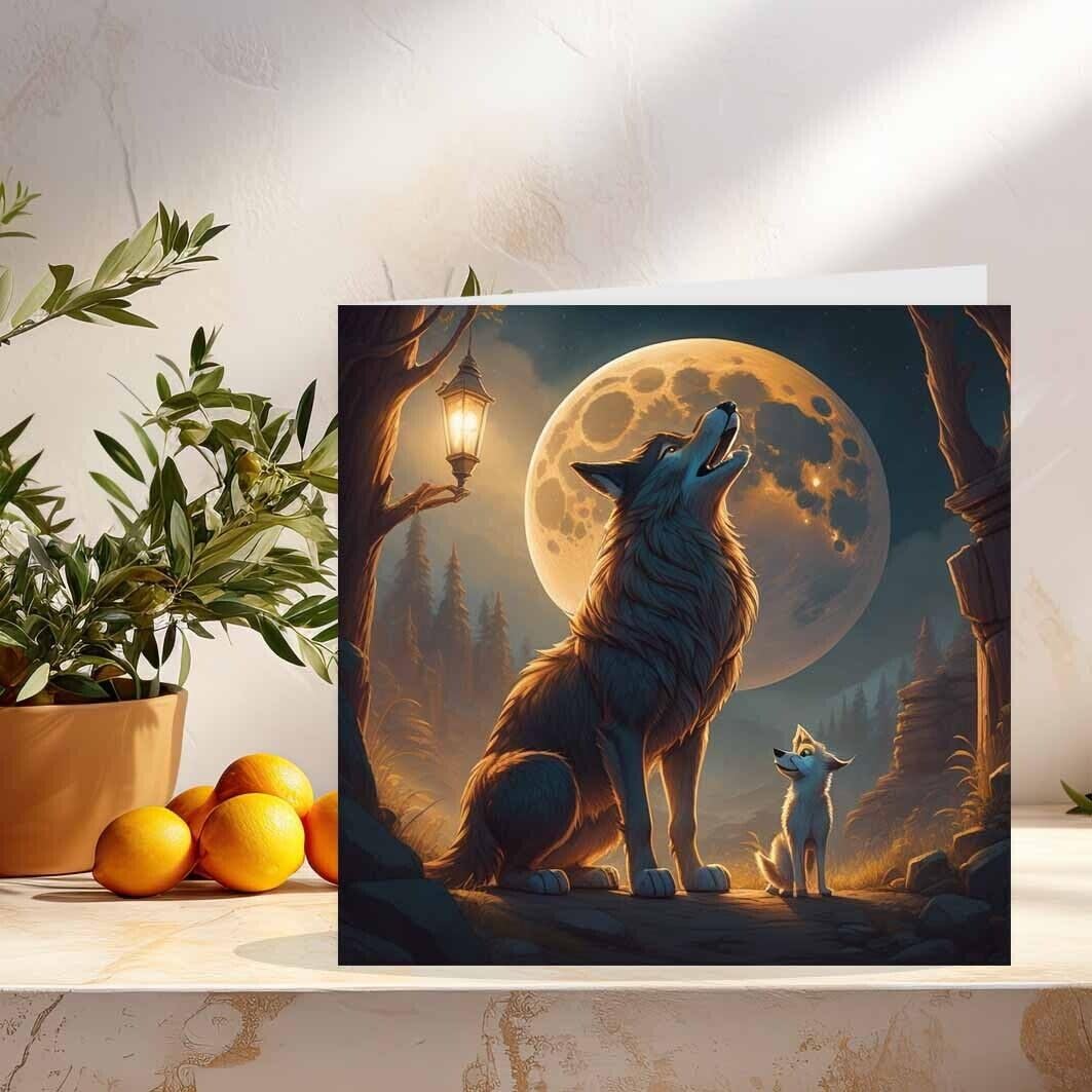 Wolf Howling Moon Greeting Card Wolf & Cub 145 x 145mm