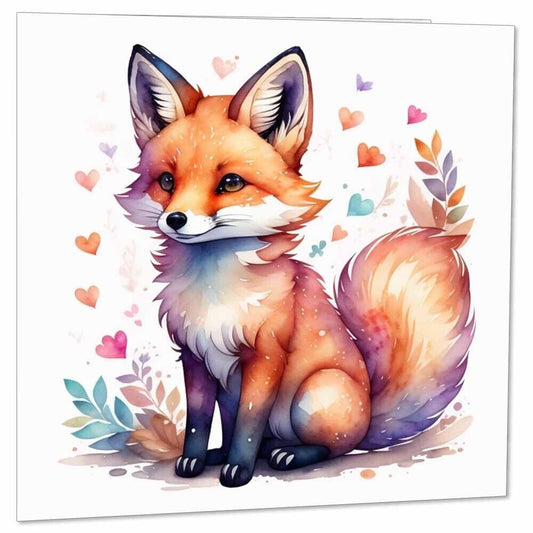 Watercolour Fox Greeting Card Cute Kawaii Chibi Foxes Birthday Card 145 x 145mm