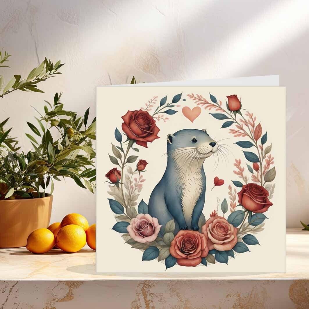 Otter Anniversary Card - Cute Otter Roses Valentines Day Card 145mm x 145mm