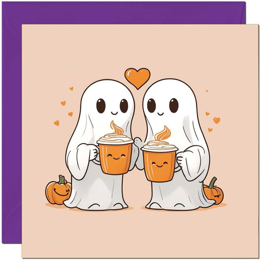 Cute Halloween Card - Halloween Ghost Couple Pumpkin Spice Latte 145 x 145mm